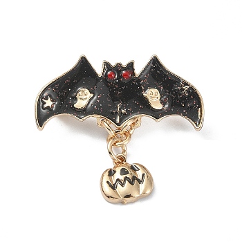 Alloy Glass Rhinestone Brooches, Enamel Pins, for Halloween, Bat, 34mm