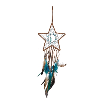 Handmade Leather Woven Net/Web with Feather Wall Hanging Decoration, with Iron Rings, Wooden Beads & Synthetic Turquoise, for Home Offices Amulet Ornament, Star Pattern, 590mm
