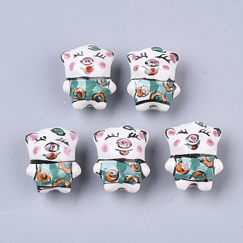 Handmade Porcelain Beads, Famille Rose Style, Cartoon Piggy with Clothes, Dark Cyan, 17~19x14~15.5x11.5mm, Hole: 1.4~2mm