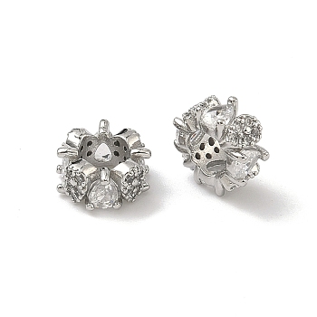 Teardrop & Flower Brass Clear Cubic Zirconia European Beads, Large Hole Bead, Cadmium Free & Lead Free, Rack Plating, Long-Lasting Plated, Platinum, 10x5mm, Hole: 5mm
