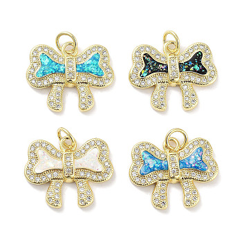 Brass Micro Pave Clear Cubic Zirconia Pendants, with Synthetic Opal and Jump Rings, Real 18K Gold Plated, Bowknot Charms, Mixed Color, 15.5x18.5x3mm, Hole: 3mm