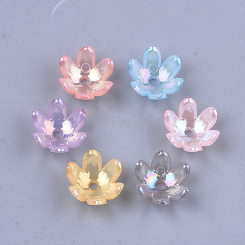 Transparent Acrylic Bead Caps, AB Color, 6-Petal, Tulip Flower, Mixed Color, 14x13x6mm, Hole: 2mm