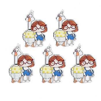 Transparent Printed Acrylic Big Pendants, Goose with Girl, Chocolate, 69.5x43x3.5mm, Hole: 2mm