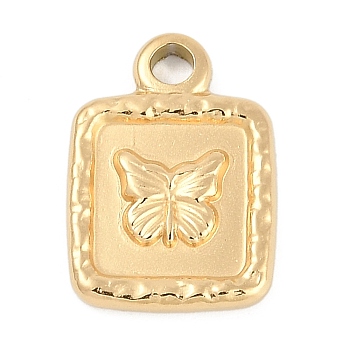 304 Stainless Steel Pendants, Square with Butterfly Charm, Ion Plating(IP), Real 18K Gold Plated, 15.5x12x2mm, Hole: 1.5mm