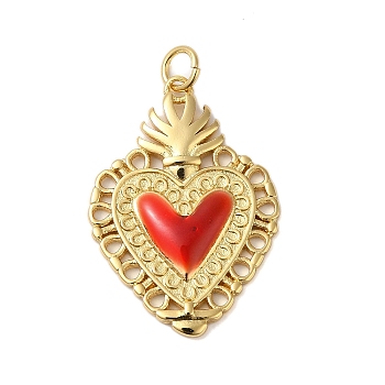 Rack Plating Brass Enamel Pendants, with Jump Ring, Cadmium Free & Lead Free, Sacred Heart Charm, Real 18K Gold Plated, 28x20x3mm, Hole: 4mm