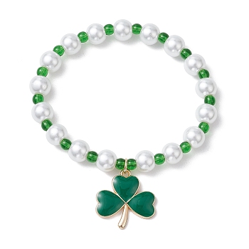 Glass Pearl Beaded Stretch Braceltets, with Alloy Enamel Clover Charm Bracelets, Green, Inner Diameter: 2 inch(5cm)