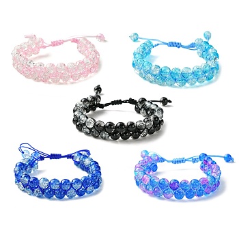 Glass Round Braided Bead Bracelets, Double Line Adjustable Bracelet, Mixed Color, Inner Diameter: 2~3-3/8 inch(8.5cm)