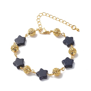 Star Synthetic Blue Goldstone Link Bracelets, Hollow Gender Symbol Alloy Round Bead Bracelets for Women, Golden, 7-1/2 inch(19cm)