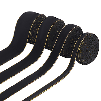 Elite 4 Rolls 4 Styles Single Face Velvet Gold Edged Ribbon for Bowknot Making, Party Decoration, Black, 3/8~1-5/8 inch(10~40mm), about 3 yards/roll, 1 roll/style