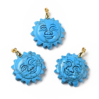 Synthetic Turquoise Pendants, with Golden Tone Brass Findings, Lead Free & Cadmium Free, Sun with Smiling Face, 42x34~35x10.5mm, Hole: 3.8x5mm