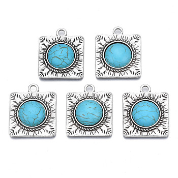Synthetic Turquoise Pendants, with Alloy Findings, Cadmium Free & Nickel Free & Lead Free, Square, Antique Silver, 28x24x6mm, Hole: 3mm