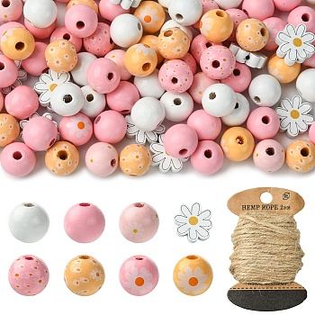 Flower & Round Natural Wooden Beads, Dyed, with Jute Cord, Mixed Color, 15~19x14~19mm, Hole: 3.3~4.5mm