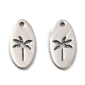 304 Stainless Steel Charms, Oval with Coconut Tree Charm, Stainless Steel Color, 12x6x1mm, Hole: 1mm