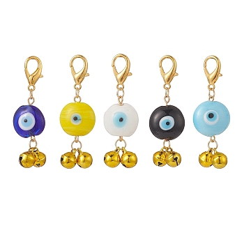Evil Eye Handmade Lampwork Pendant Decoration, with Bell, Alloy Lobster Clasp Charms, for Keychain, Purse, Backpack Ornament, Mixed Color, 47~48mm, 5pcs/set