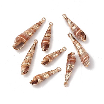 Electroplated Natural Cowrie Shell Pendants, Shell Charms, with Light Gold Tone Brass Findings, Sienna, 32~49x8~12x8~11mm, Hole: 1.8mm