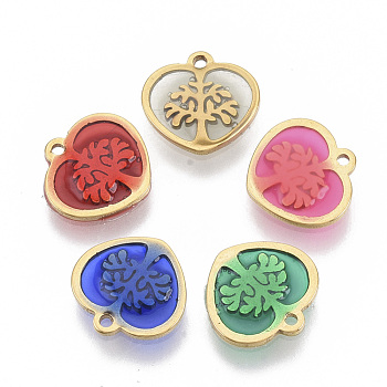 201 Stainless Steel Pendants, with Epoxy Resin, Heart with Tree of Life, Golden, Mixed Color, 9.5x10x1.5mm, Hole: 1mm