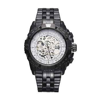 Alloy Watch Head Mechanical Watches, with Stainless Steel Watch Band, Gunmetal, White, 70x22mm, Watch Head: 55x52x17.5mm, Watch Face: 34mm