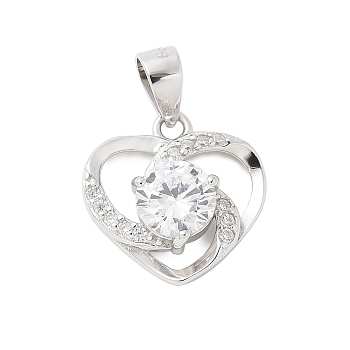 Fine Silver Cubic Zirconia Heart Charms, Platinum, Rhodium Plated, Clear, 14x13.5x4.5mm, Hole: 5x3.5mm