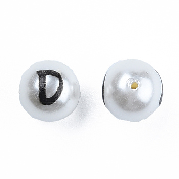 ABS Plastic Imitation Pearl Beads, with Printed, Round with Letter, Letter.D, 10mm, Hole: 1mm