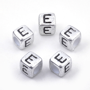 Plated Acrylic Beads, Horizontal Hole, Cube with Letter, Antique Silver, Letter.E, 6mm, Hole: 3mm, about 3000pcs/500g
