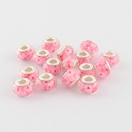 Large Hole Printed Resin European Beads, with Silver Color Plated Brass Double Cores, Faceted Rondelle, Pearl Pink, 14x9mm, Hole: 5mm(OPDL-R114-03A)