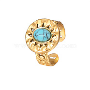 Golden Stainless Steel Flat Round Open Cuff Ring, with Synthetic Turquoise, Turquoise, No Size(RG3663-2)