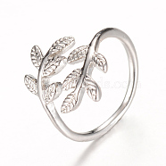 Brass Cuff Finger Rings, Leaf, Platinum, US Size 4 1/4(15mm)(X-RJEW-T001-50P)
