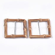 Bamboo Buckles, with Iron Findings, Square, Platinum, Sandy Brown, 72~74x70~72x11~12mm, Hole: 23~27x51~53mm(X-FIND-T031-01)