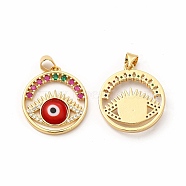Rack Plating Brass Micro Pave Colorful Cubic Zirconia Pendants, with Handmade Evil Eye Lampwork, Cadmium Free & Lead Free, Long-Lasting Real 18K Gold Plated, Flat Round with Eye Charm, Red, 23.5x21x3.5~4mm, Hole: 4.5x3.5mm(LAMP-A153-05G-01)