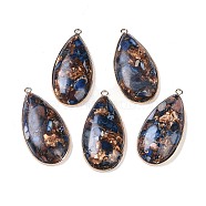 Dyed Synthetic Imperial Jasper Pendants, Golden Plated Brass Teardrop Charms, Blue, 48x23~24x7~8mm, Hole: 2.5mm(G-P529-02G)