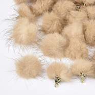 Faux Mink Fur Tassel Pendant Decorations, with Alloy Findings, Antique Golden, Navajo White, 20~30x28~30mm, Hole: 1.8mm(FIND-S300-37M)