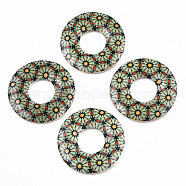 Printed Wood Pendants, Donut with Floral Pattern, Medium Aquamarine, 45x5mm, Hole: 1.6mm(WOOD-S045-104D)