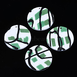 Handmade Polymer Clay Pendants, Flat Round, Sea Green, 32x2mm, Hole: 1.6mm(CLAY-N010-023-02)