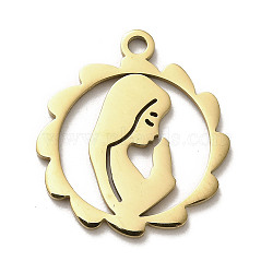 304 Stainless Steel Pendants, Flat Round with Girl Charm, Golden, 24x21.5x1.5mm, Hole: 2mm(STAS-B054-08G)