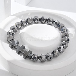 Natural Titanium Hertz Beads Stretch Bracelets for Women Men, with Non-Magnetic Hematite Cross Charm, Faceted, beads: 1/4 inch(0.8cm), cross: 10x10x4mm, Inner Diameter: 2 inch(5.2cm)(BJEW-R015-01)