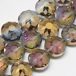 Electroplate Glass Beads Strands, Frosted, Rainbow Plated, Faceted, Flat Round, Dark Gray, 14x8~10mm, Hole: 1.5mm, about 50pcs/strand, 26.77 inch(EGLA-Q084-14mm-05)