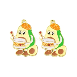 Golden Plated Alloy Enamel Pendants, Cadmium Free & Lead Free, Cartoon Fruits with Drum, Avocado, 30x20x1mm, Hole: 1.8mm(ENAM-Z017-10G-01)