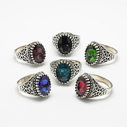 Glass Wide Band Finger Rings, with Alloy Ring Findings, Faceted, Oval, Antique Silver, Size 7~11, Mixed Color, 17~21mm(RJEW-T003-07G)
