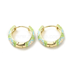 Flower Enamel Hoop Earrings, Gold Plated Brass Hinged Earrings for Women, Lawn Green, 20x22x5mm, Pin: 0.9mm(EJEW-G290-04G-A)