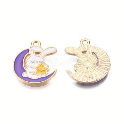 Alloy Enamel Pendants, Cadmium Free & Nickel Free & Lead Free, Light Gold, Moon with Rabbit, Blue Violet, 18x15x1.5mm, Hole: 1.4mm(ENAM-N054-90F)