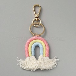 Macrame Weaving Rainbow Tassel Cotton Keychain with Alloy Findings, for Women Girl Car Key Bag Accessories, Champagne Yellow, 14cm(KEYC-WH0036-26LG-03)