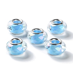 Shell Filling Brass Cores Acrylic European Beads, Rondelle, Large Hole Bead, Faceted, Silver, Light Sky Blue, 15x8mm, Hole: 5mm(OACR-M024-01S-01)