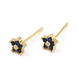 Cubic Zirconia Flower Stud Earrings, Real 18K Gold Plated Brass Jewelry for Women, Cadmium Free & Lead Free, Marine Blue, 15x5x5mm, Pin: 0.7mm(EJEW-C035-15G-02)