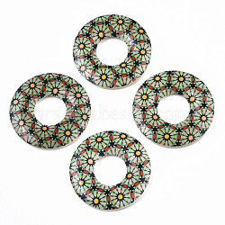 Printed Wood Pendants, Donut with Floral Pattern, Medium Aquamarine, 45x5mm, Hole: 1.6mm(WOOD-S045-104D)