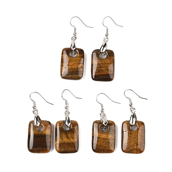 Natutal Tiger Eye Dangle Earrings, with Rack Plating Brass Earring Hooks, Lead Free & Cadmium Free, Rectangle, 49x18mm