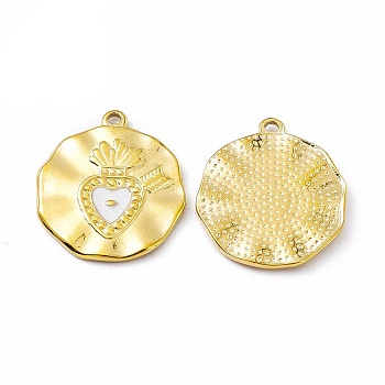 Vacuum Plating 201 Stainless Steel Enamel Pendants, Real 18K Gold Plated, Flat Round with Sacred Heart Charm, White, 22x19.5x1.7mm, Hole: 1.3mm