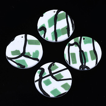 Handmade Polymer Clay Pendants, Flat Round, Sea Green, 32x2mm, Hole: 1.6mm