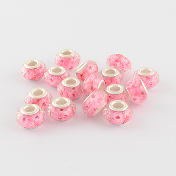 Large Hole Printed Resin European Beads, with Silver Color Plated Brass Double Cores, Faceted Rondelle, Pearl Pink, 14x9mm, Hole: 5mm