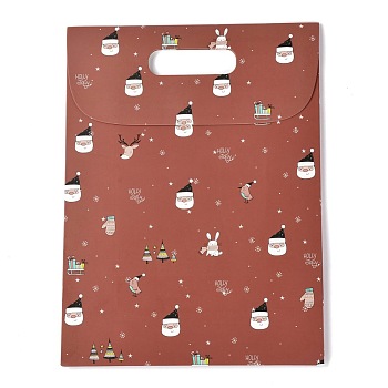 Christmas Themed Pattern Rectangle Kraft Paper Flip Bags, with Handle, Gift Bags, Shopping Bags, Indian Red, 24x10.5x32cm