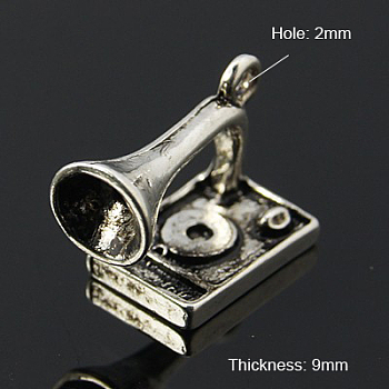 Alloy Charms, Gramophone, Cadmium Free & Nickel Free & Lead Free, Antique Silver, 17x12x9mm, Hole: 2mm